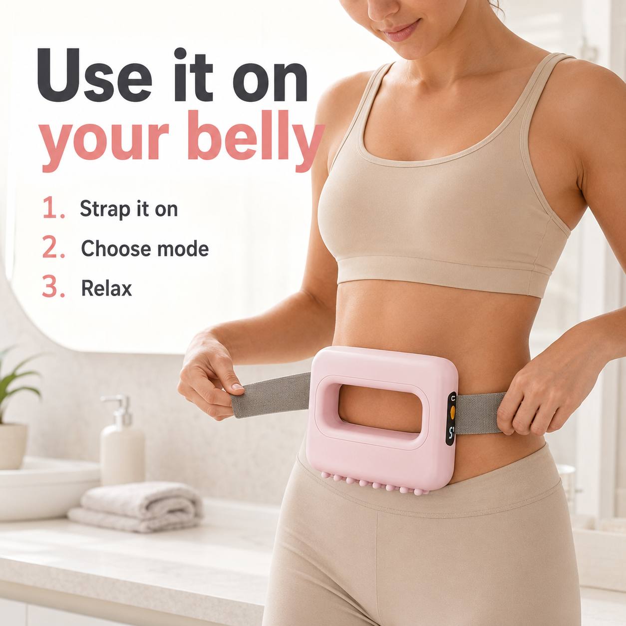 Step-by-step guide: strap the pink Kindura Fascia Recovery Ring on your belly, choose a mode, and relax