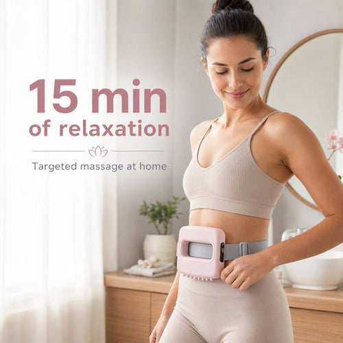 Woman wearing the pink Kindura Fascia Recovery Ring on her waist during a 15-minute relaxation session