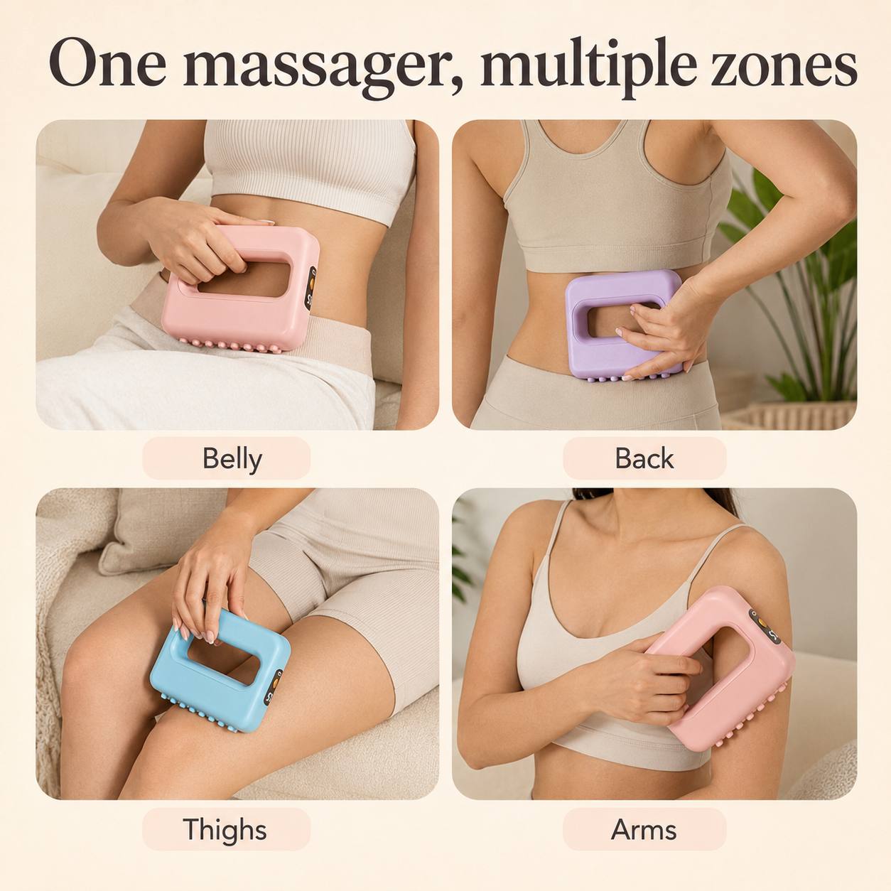 Kindura Fascia Recovery Ring used on four different areas: belly, back, thighs, and arms